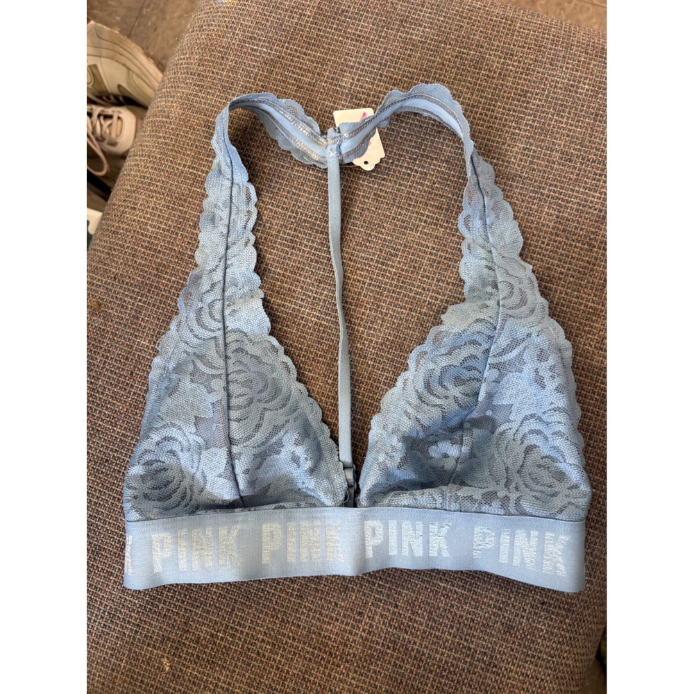 Victorias Secret PINK Light Blue Floral Lace Racerback Bralette Logo Band Small